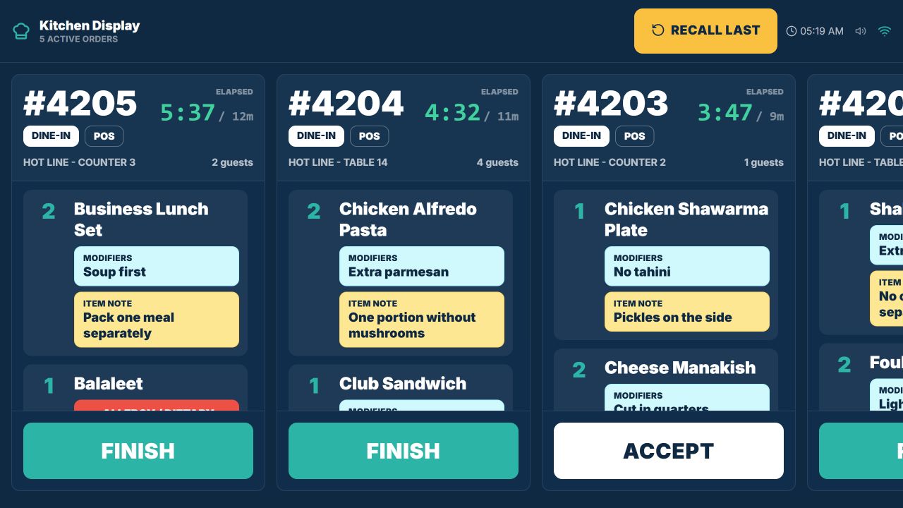 TajerGo Hot Line kitchen display showing five current cafeteria food tickets with quantities, modifiers, preparation notes, short elapsed times, target times, and Accept or Finish actions using demonstration data