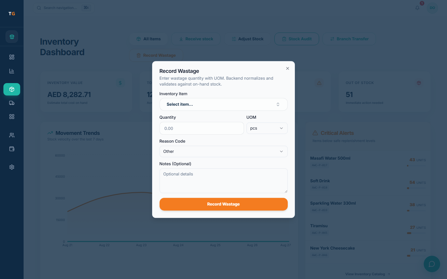 TajerGo inventory dashboard showing stock value, low items, movement trends and wastage controls with demonstration data