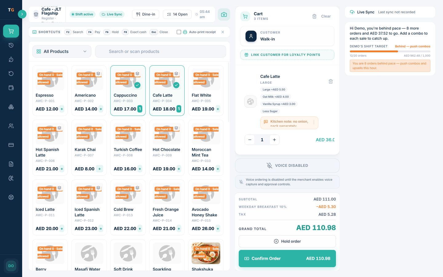 TajerGo POS workspace showing an active shift, product grid, customer context, cart, live sync and a cashier-controlled suggestion with demonstration data