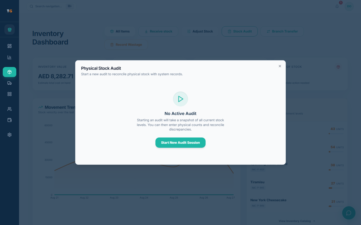 TajerGo inventory dashboard showing stock value, low-stock alerts, movement records and a physical stock audit control with demonstration data