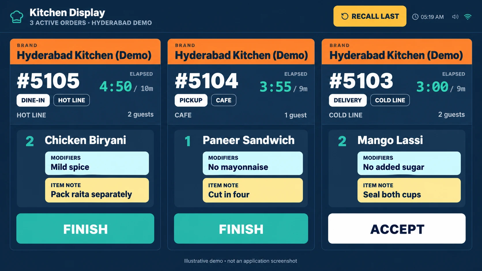 India demo kitchen display with active order tickets and preparation stages
