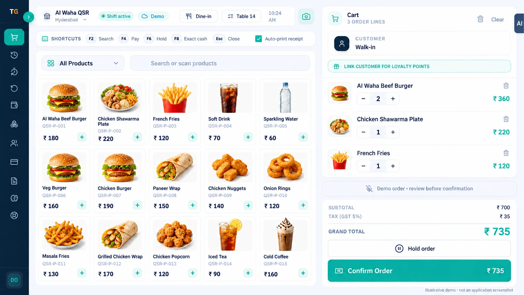 Illustrative India quick-service POS with an example order in rupees