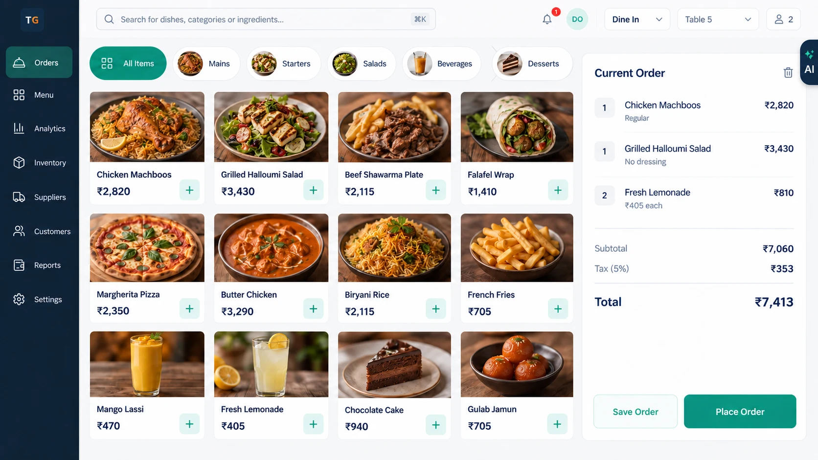 TajerGo India POS with INR menu prices and GST-labelled totals