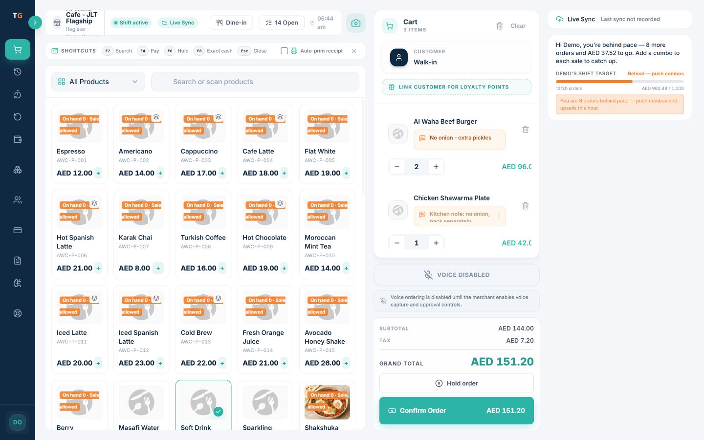 Sanitized TajerGo POS billing screen with demonstration menu items, an order basket and payment controls