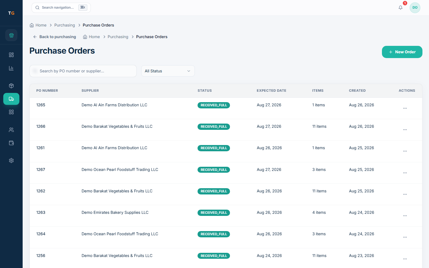 TajerGo purchasing workspace showing pending invoices, draft orders, expected receipts and supplier activity with demonstration data