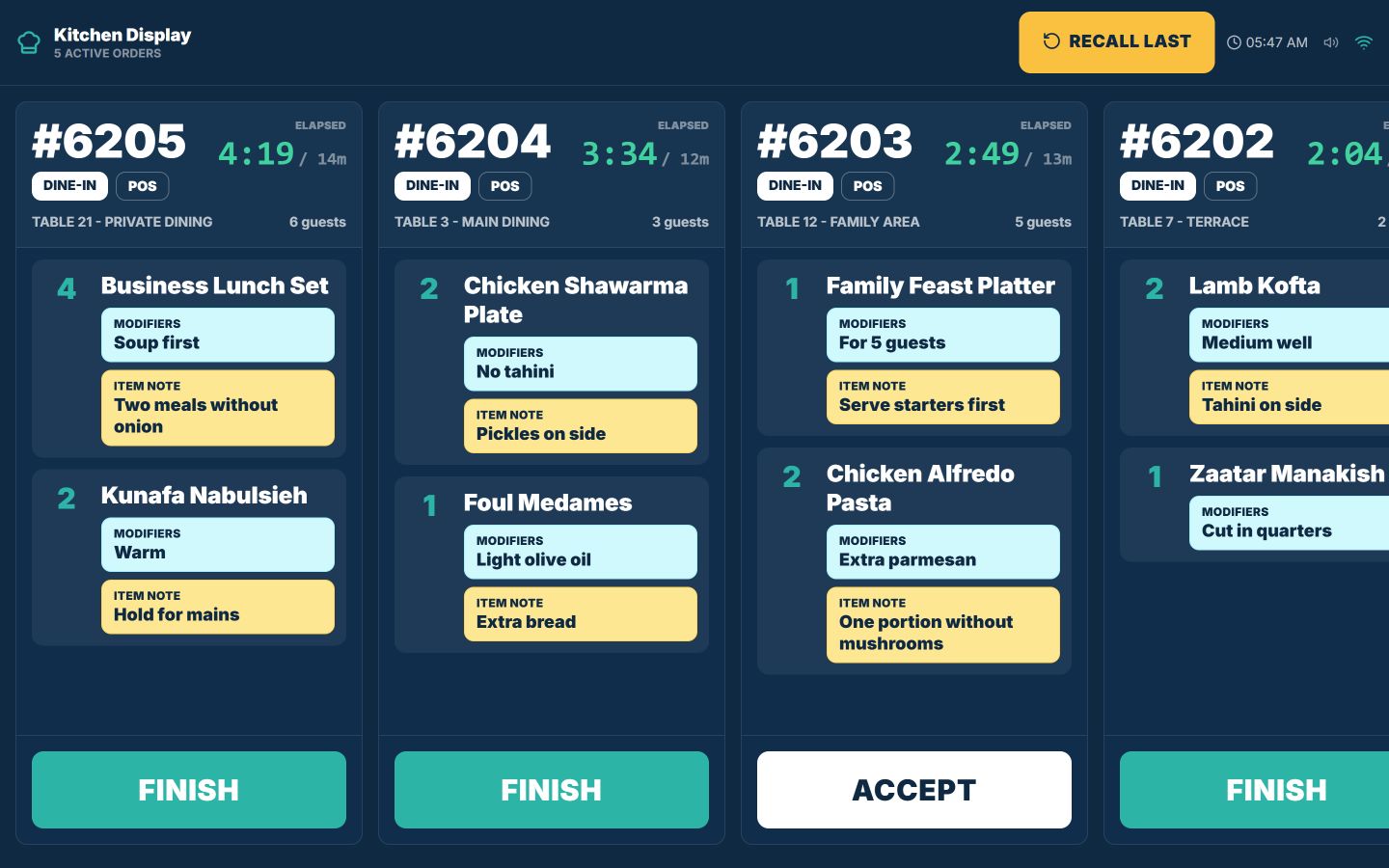 TajerGo kitchen display showing active restaurant orders, elapsed time, choices and preparation notes with demonstration data