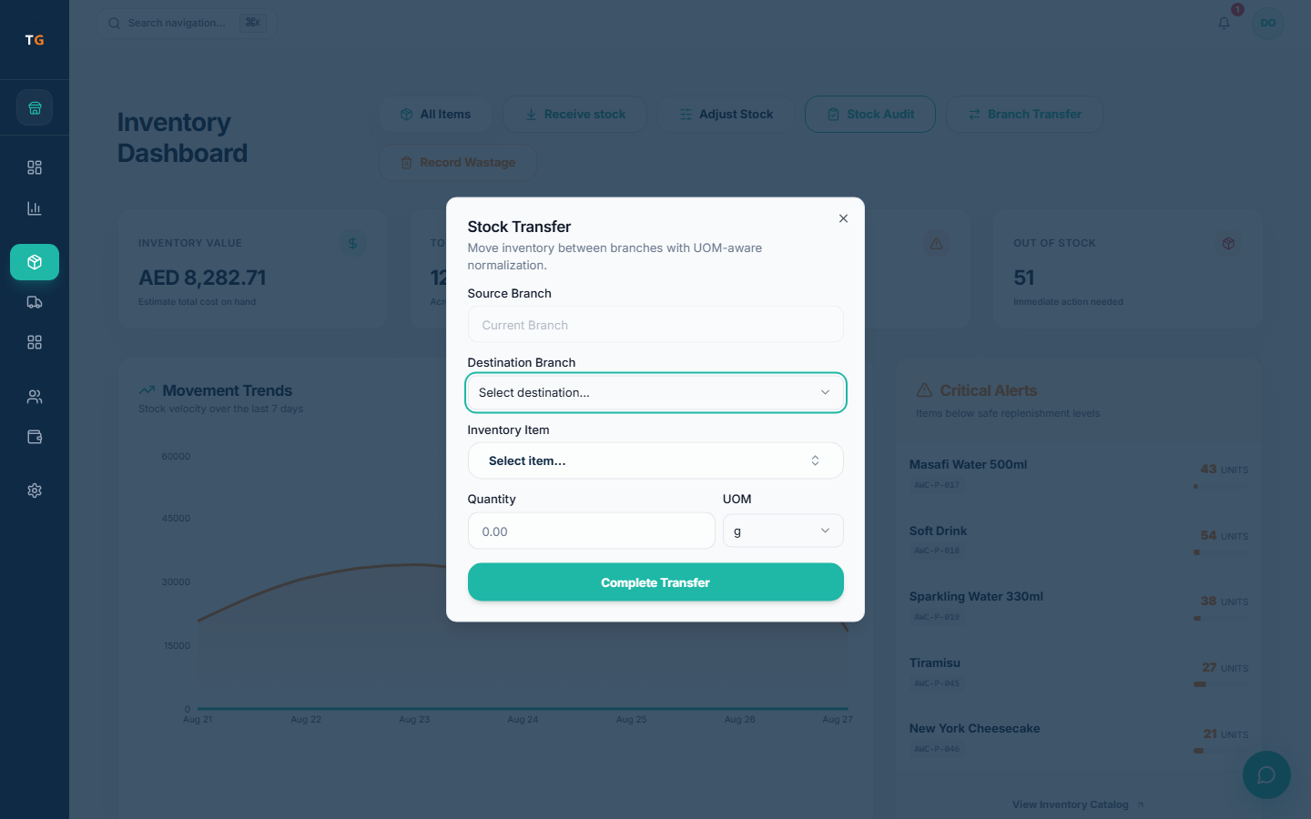 TajerGo inventory workspace showing stock value, movement trends and low-stock attention with demonstration data