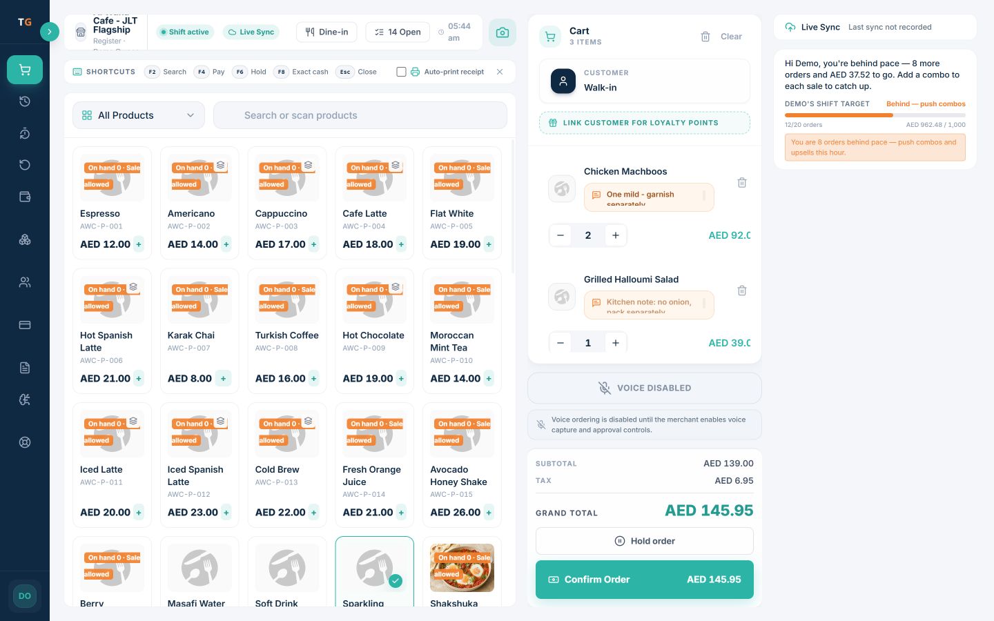 TajerGo restaurant POS workspace showing a menu, cart, kitchen notes and order confirmation with demonstration data