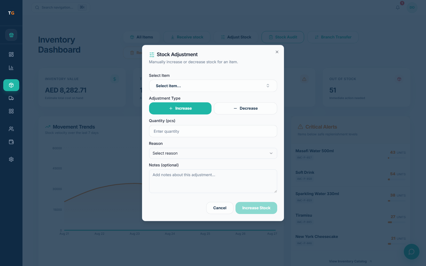 TajerGo inventory dashboard showing stock movement, low-stock alerts and inventory controls with demonstration data