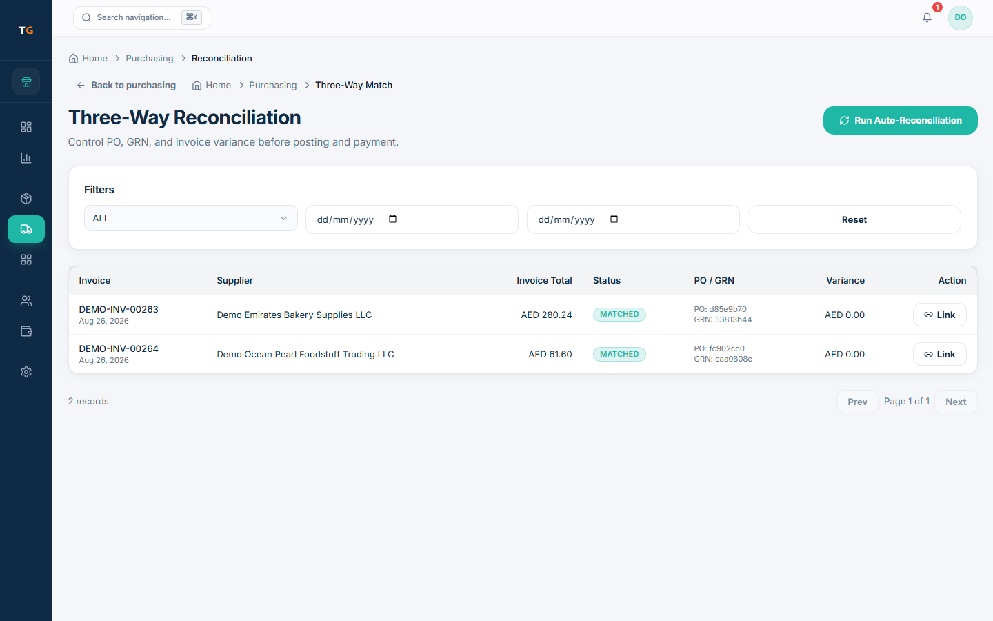 TajerGo purchasing command centre showing pending invoices, draft orders, awaiting receipt and supplier activity with demonstration data