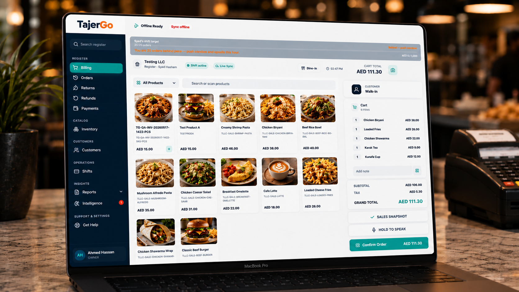 TajerGo point of sale billing screen open on a laptop