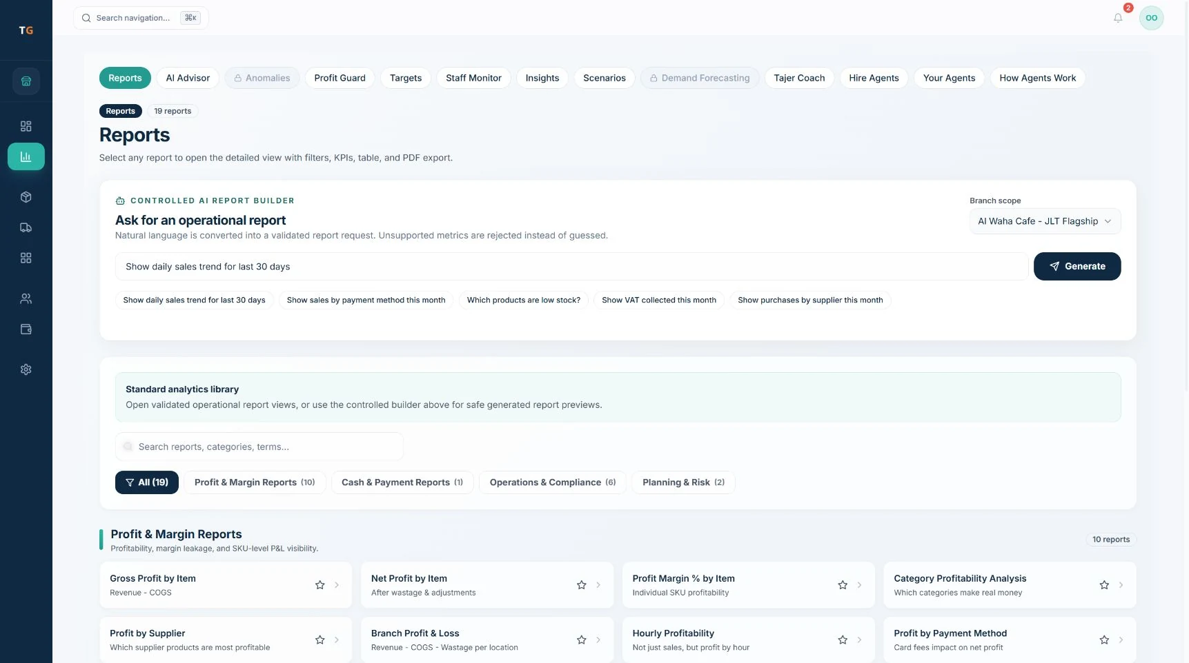 The AI Report Builder and standard report library. Choose a report or enter a supported question.
